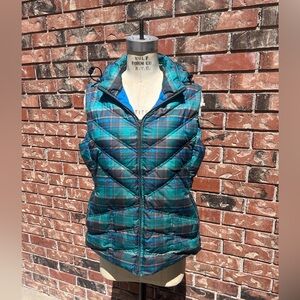 Patagonia women’s green plaid Down With it Puffer vest.